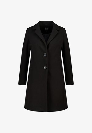 Manteau noir au design ajusté, avec des revers crantés, deux boutons devant et des manches longues. Fabriqué dans un tissu lisse avec une coupe structurée.