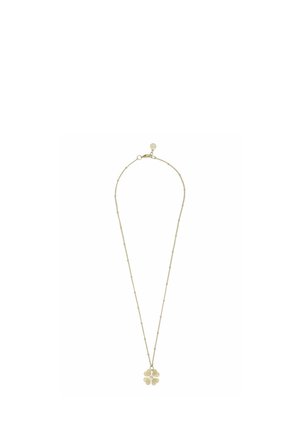 Delicate gold chain necklace with small beads and a four-petal flower pendant featuring a central crystal detail.