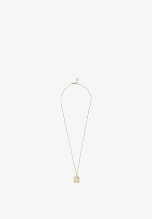Delicate gold chain necklace with small beads and a four-petal flower pendant featuring a central crystal detail.