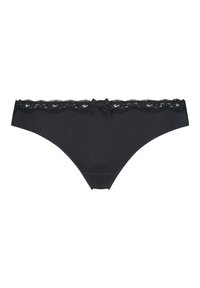 Zwarte geribbelde string met een kantafwerking aan de tailleband, verfraaid met een klein strikje in het midden. Zachte textuur en een gladde afwerking.