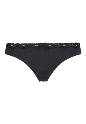 Tanga nero a coste con pizzo sul bordo della vita, decorato con un piccolo fiocco al centro. Texture morbida e finitura liscia.