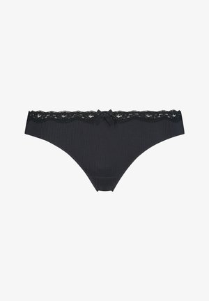 Black ribbed thong with a lace trim at the waistband, accented by a small bow in the center. Soft texture and smooth finish.