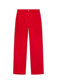 Rode katoenen wijde broek met een knoopsluiting en voorzakken. Gladde textuur met een effen kleur en geen zichtbare patronen of accenten.