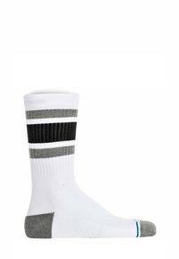 Calzini bianchi a maglia corta con strisce nere e grigie e una punta e tallone grigi. Realizzati in un tessuto morbido con texture a costine per elasticità e comfort.