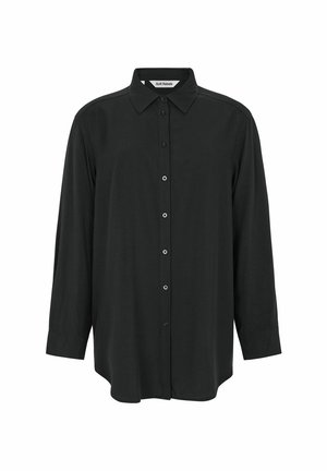 Black button-up shirt with long sleeves, made from a smooth fabric. Features a classic collar and a straight silhouette with button front.