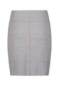 Jupe grise au design ajusté, présentant un motif à carreaux souligné de marron clair. Fabriquée en tissu extensible, elle a une texture lisse.