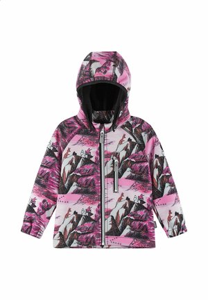 Różowo-czarna kurtka dziecięca z kapturem, zdobiona wzorami gór i zwierząt, z zamkiem z przodu i elastycznymi mankietami.