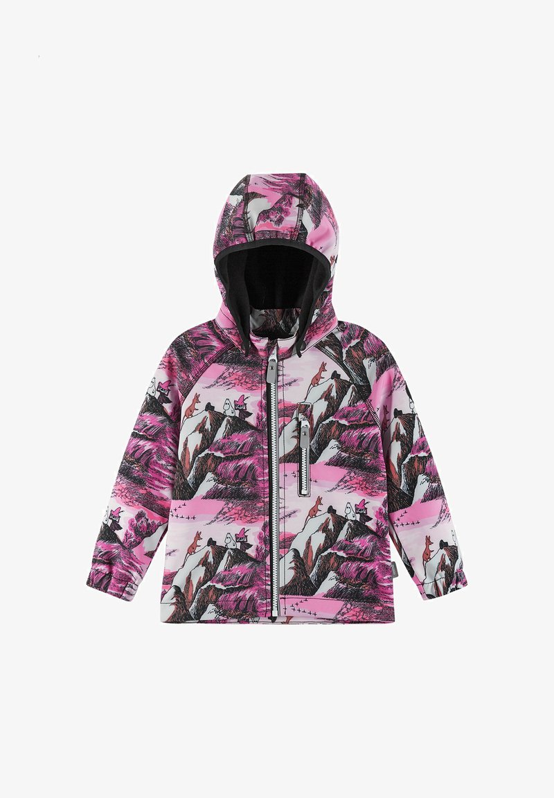 Giacca per bambini a motivi rosa e neri con cappuccio, dotata di grafiche di montagne e animali, zip frontale e polsini elasticizzati.
