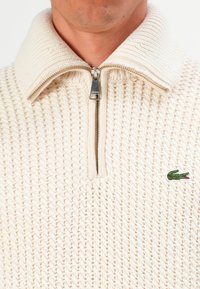 Man wearing a cream chunky knit sweater with a half-zip collar and a green crocodile logo on the chest.