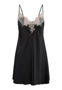 Abito lungo in satin nero con spalline regolabili, caratterizzato da un bustino in pizzo rosa chiaro con intricati motivi floreali.