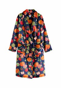 Halat de baie cu model floral, dintr-un material moale �și pufos. Are un fundal bleumarin cu diverse mere și dovleci, talie cu curea și mâneci lungi.