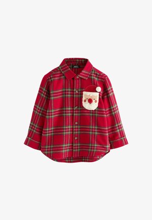 Rood geruite lange mouw blouse met knopen en een voorknoopzak, versierd met een pluche rendier gezicht.