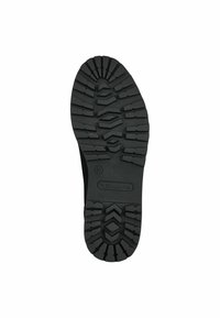 Suela de zapato de goma negra con un diseño de agarre texturizado y multipatrón que incluye canales para tracción y una marca impresa. Talla 37.