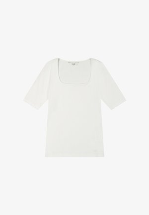 Top blanco de manga corta con textura acanalada, escote cuadrado y una pequeña etiqueta de tela con la marca Lee dentro del cuello.