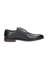 Zwarte leren dress shoe met een gestructureerd krokodillenpatroon, spitse neus en een contrasterende bruine zool. Stijlvol vetersluitingen ontwerp.