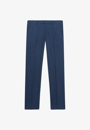 Marineblaue gerade geschnittene Hose aus strukturiertem Stoff. Mit einem vorderen Knopfverschluss und zwei Seitenfächern. Einfaches Design ohne Muster.