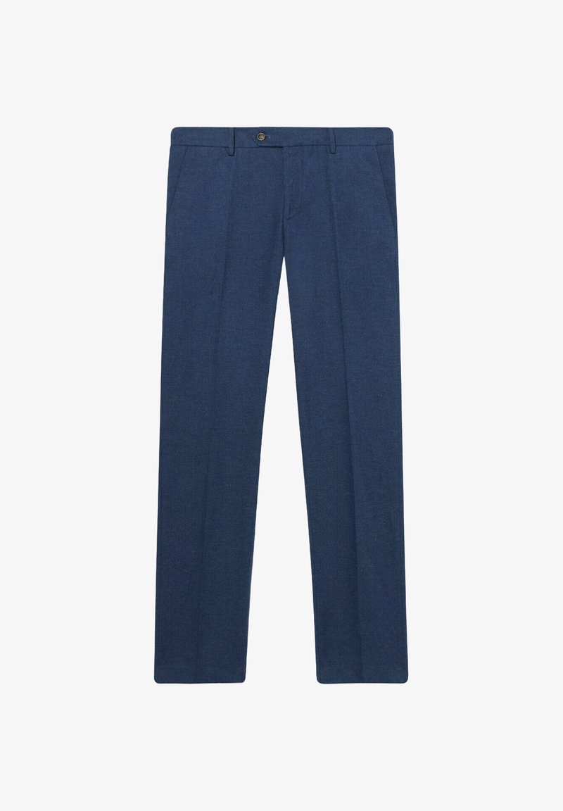 Pantaloni dritti blu navy realizzati in tessuto testurizzato. Dotati di chiusura frontale con bottone e due tasche laterali. Design semplice senza fantasie.