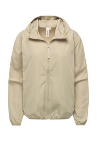 Béžová vetrovka s celopredným zipsom, nastaviteľnou kapucňou, elastickými manžetami a ľahkou, hladkou textúrou tkaniny.