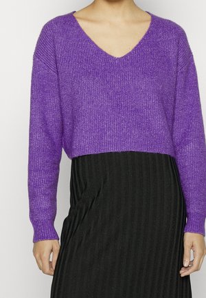 Personne portant un pull en tricot violet à col en V et une jupe noire à rayures verticales sur un fond uni.