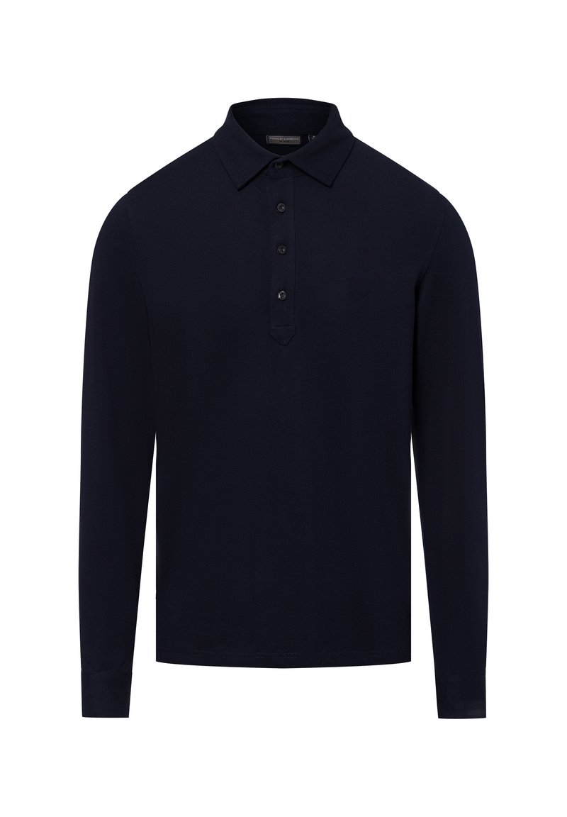 Marineblauwe polo met lange mouwen, gemaakt van zachte stof, met een klassieke kraag en een knoopsluiting met subtiele textuur.