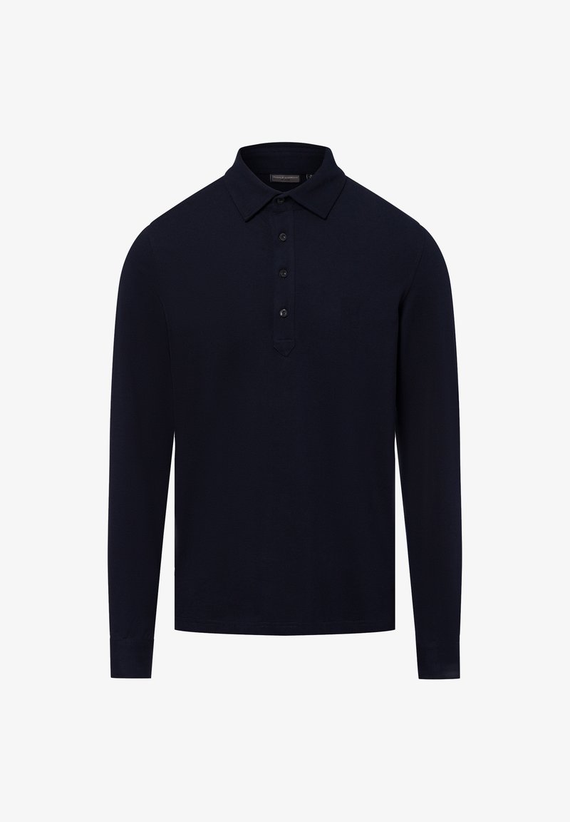 Marineblauwe polo met lange mouwen, gemaakt van zachte stof, met een klassieke kraag en een knoopsluiting met subtiele textuur.