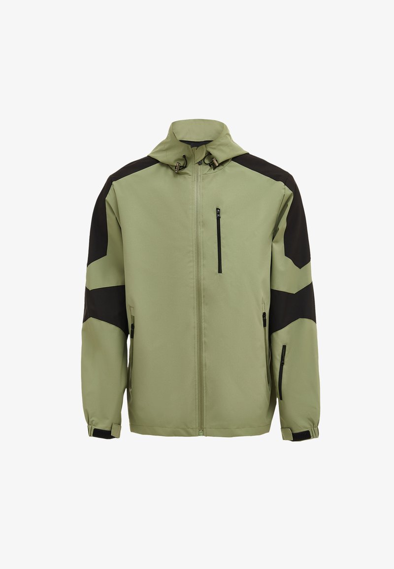 Olive green jacket with black accents, zippered pockets, high collar, and adjustable hood. Smooth texture and athletic design.
