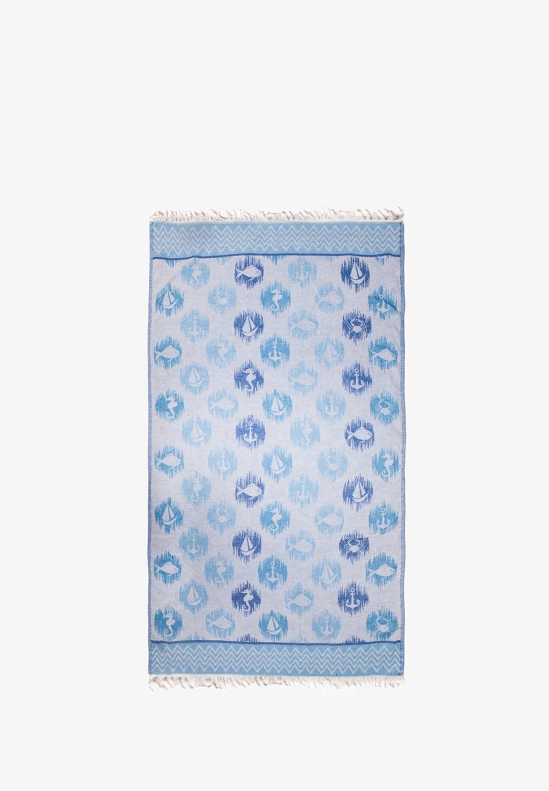 Blue and white beach towel with nautical patterns including anchors, fish, seahorses, sailboats, and crabs, framed by zigzag borders with fringes.