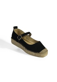 Schwarze Wildleder-Espadrille mit geschlossenem Zehenbereich, dekorativen Jute-Seil-Verzierungen und einem einzelnen verstellbaren Riemen. Flaches Sohlen-Design.