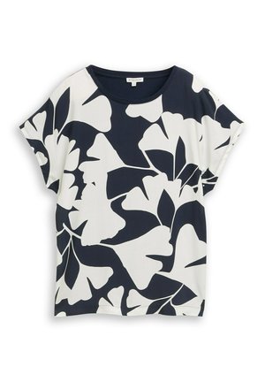 Kurzärmlige Bluse in Marineblau und Weiß mit großem abstraktem Blumen- und Blattmuster sowie rundem Ausschnitt.