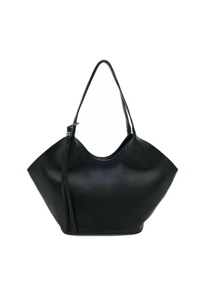 Borsa tote in pelle nera con una parte superiore curva, forma allungata e una sola tracolla. Presenta una finitura testurizzata e un design minimalista.