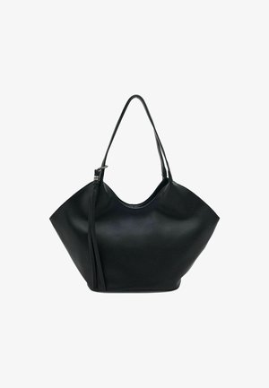 Schwarze Leder-Tote mit einem gewölbten Oberteil, elongated Form und einem einzelnen Schultergurt. Verfügt über eine strukturierte Oberfläche und minimalistisches Design.