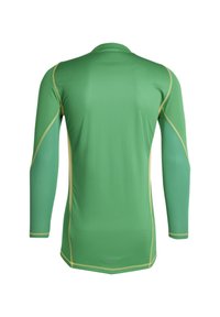 Groen sportshirt met lange mouwen, gemaakt van een gestructureerde stof, met gele accenten langs de naden en een ronde hals. De achterkant toont een soepele pasvorm.