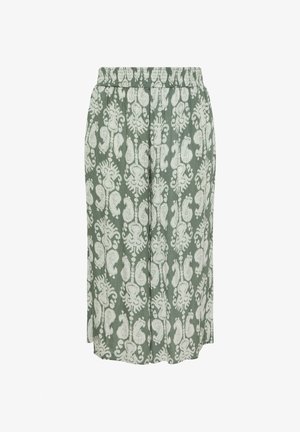 Pantalon vert à jambes larges avec motif floral abstrait blanc et taille élastique, présenté à plat sur un fond blanc.