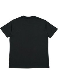 Černé bavlněné tričko, krátké rukávy, kulatý výstřih, jednobarevný design vzadu, s multikolorovou nášivkou na boku.