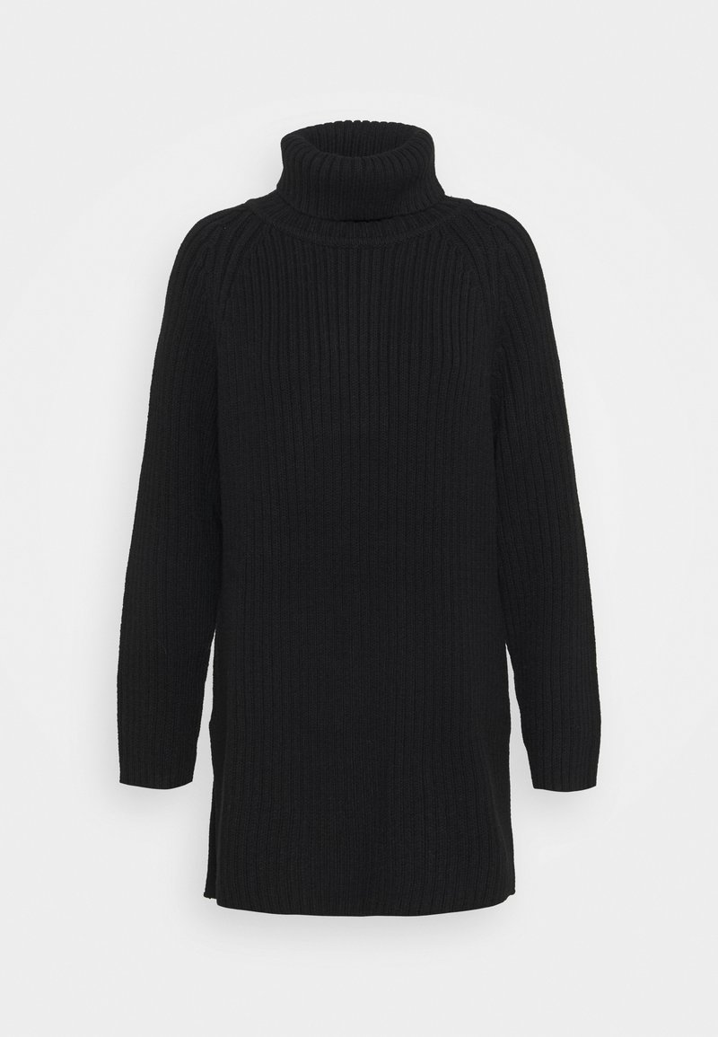 Black ribbed turtleneck sweater with long sleeves, featuring a relaxed fit and side slits at the hem for ease of movement.