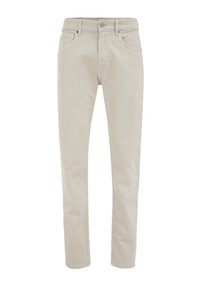Pantalones de mezclilla beige con un corte ajustado, cinco bolsillos, cierre de botón y detalles de costura sutiles. Textura suave, diseño casual.