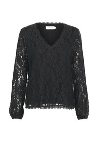 Blusa nera in pizzo con maniche lunghe, scollo a V, motivo floreale testurizzato e orlo ondulato. Foderata con un interno solido per una copertura adeguata.