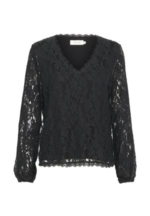 Czarna koronkowa bluzka z długimi rękawami, dekoltem w kształcie litery V, teksturowanym kwiatowym wzorem i falbaniastym dołem. Wyściełana jednolitą podszewką dla zapewnienia ochrony.