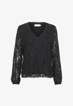 Czarna koronkowa bluzka z długimi rękawami, dekoltem w kształcie litery V, teksturowanym kwiatowym wzorem i falbaniastym dołem. Wyściełana jednolitą podszewką dla zapewnienia ochrony.