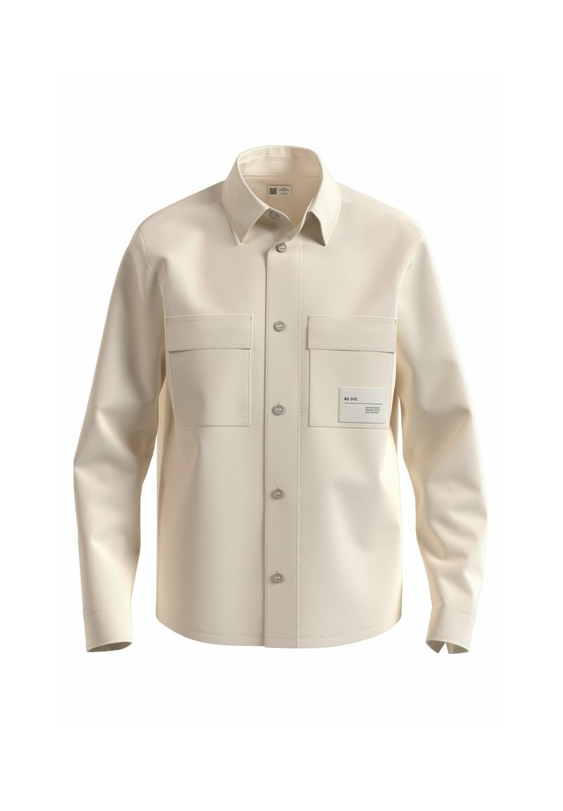 Lichtbeige overhemdd blouse gemaakt van textuurstof. Beschikt over twee borstzakken en een label op de linkerzak. Klassieke kraag en manchetten.