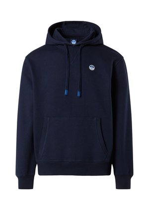 Marineblauer Hoodie aus weichem Stoff mit Kängurutasche, Kapuze mit Kordelzug und rundem Logopatch. Verfügt über gerippte Bündchen und Saum.