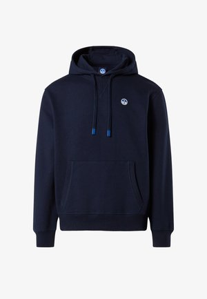 Sudadera con capucha azul marino hecha de tela suave, con bolsillo canguro, capucha con cordón y un parche con logo redondo. Presenta puños y dobladillo acanalados.