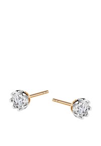 Kolczyki na sztyft z czystego srebra z pozłacanym sztyftem, z okrągłym, przezroczystym kamieniem otoczonym kwiatowymi, ozdobnymi łapkami.