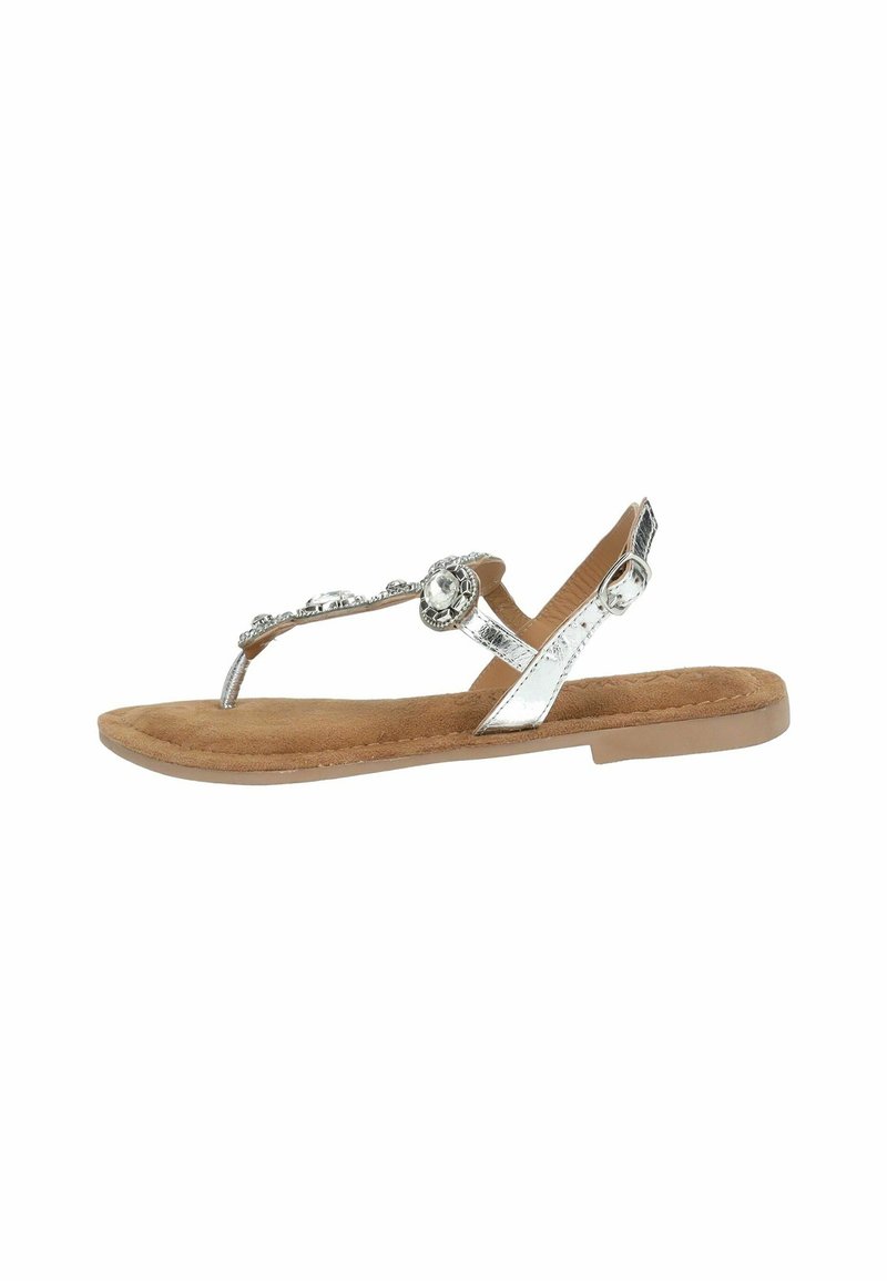 Sandalo piatto in argento con accenti decorativi in perline, tomaia sintetica e soletta imbottita marrone. Design aperto, suola in gomma resistente.