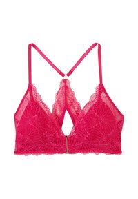Brassière en dentelle rose avec des motifs floraux, bretelles fines ajustables et fermeture à l'avant par clip.