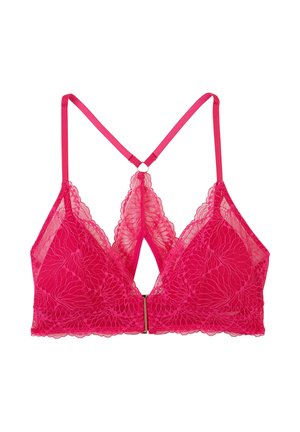 Bralette in pizzo rosa con motivi floreali, spalline sottili regolabili e chiusura anteriore a scatto.