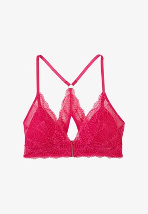 Brassière en dentelle rose avec des motifs floraux, bretelles fines ajustables et fermeture à l'avant par clip.