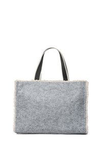 Grijze vilten draagtas met zachte witte bies, zwarte handvatten en rechthoekige vorm. Gestructureerd oppervlak met zichtbare stikaccenten.