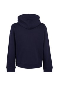 Felpa con cappuccio blu navy realizzata in morbido misto cotone, con maniche lunghe e polsini a costine. Presenta una comoda tasca a marsupio sul davanti.