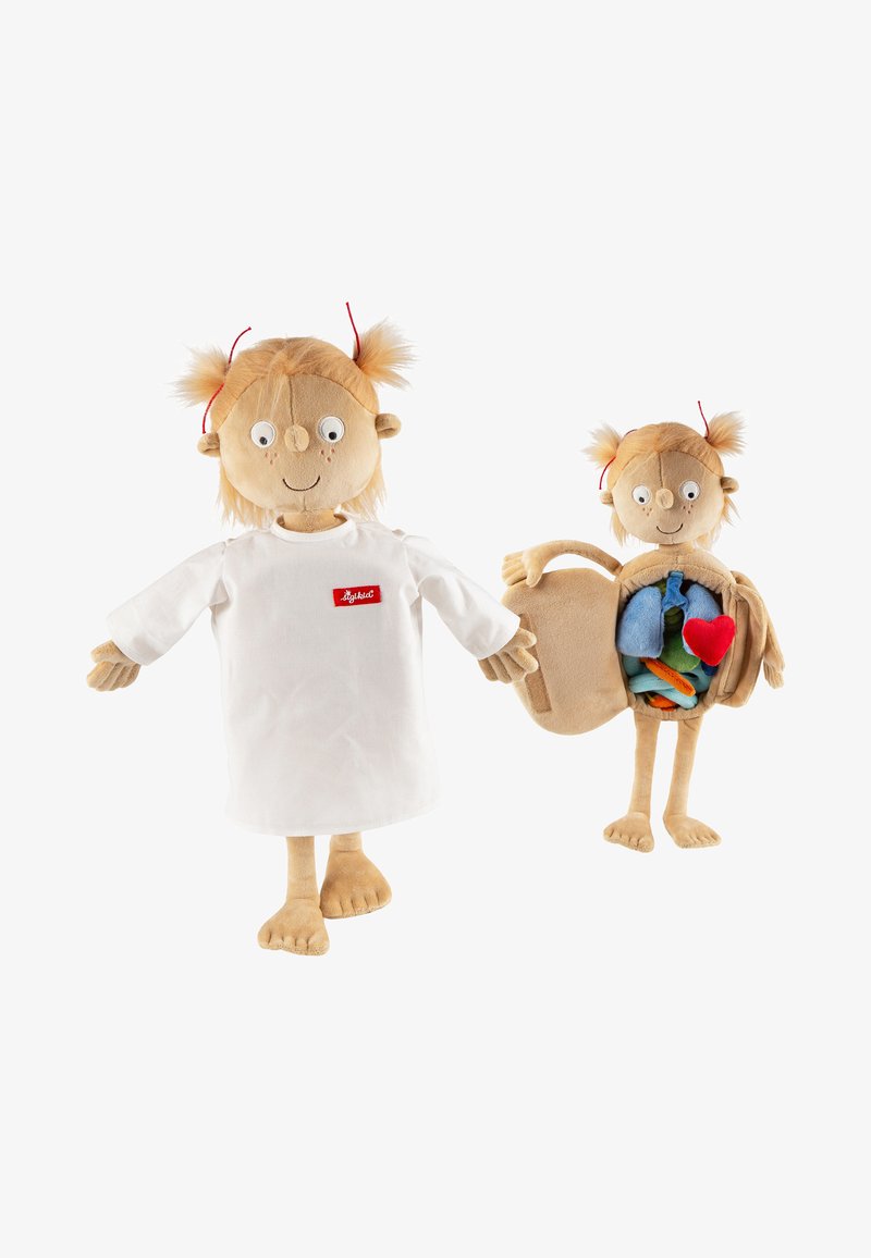 Two plush dolls with red pigtails, one wearing a white shirt, the other showing removable internal organs including lungs and a heart.